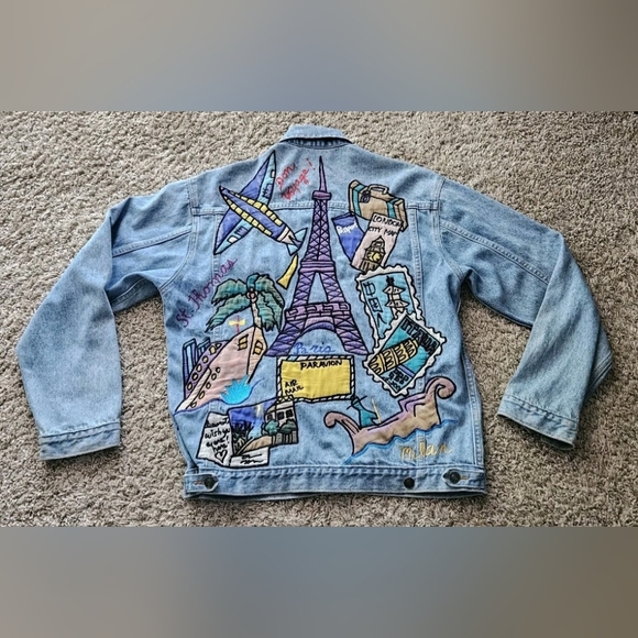Silkscapes Women's Embroidered Travel The World Blue Jean Jacket Size Small Vtg - Picture 2 of 16